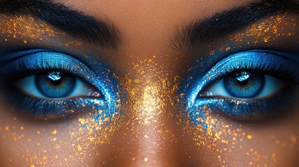 Close-up of stunning blue and gold glitter eye makeup with captivating blue eyes and elaborate cosmetic artistry