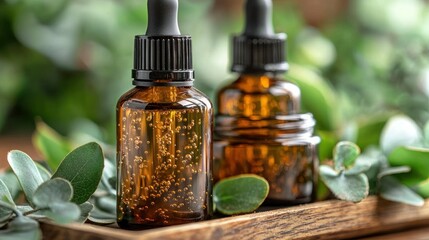 Two amber bottles on wood with greenery