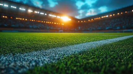 A vibrant sunset over a well-maintained football field in a large stadium, capturing the excitement of a game in progress.