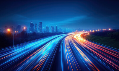 Dynamic cityscape at night with light trails from busy highway and skyline.
