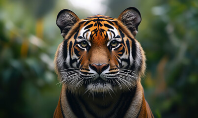 Fototapeta premium Majestic tiger portrait showcasing striking features and vibrant colors in natural habitat.
