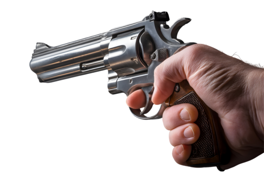 Hand gripping silver revolver. Finger on trigger, ready. transparent background