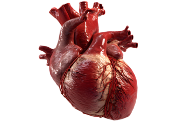 Detailed anatomical heart illustration in red and pink tones on a transparent background