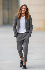 Happy young man in a suit smiling while walking on a city street near an office building