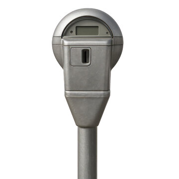 Modern electronic parking meter device with a sleek silver finish, digital display, and coin slot for street payment collection.