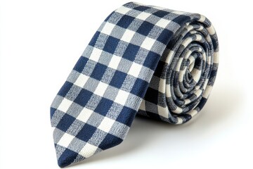 Stylish navy and white gingham skinny tie rolled neatly perfect for adding a touch of classic charm