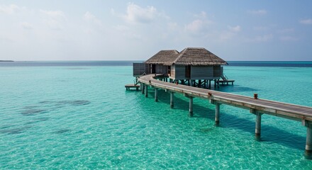 Overwater bungalows with thatched roofs connected by a pier in turquoise ocean water under a blue sky