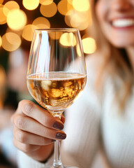Cheers with a sparkling drink surrounded by festive lights.