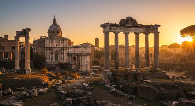 Roman forum ruins with temple of saturn and sunset light bathing the ancient architecture scene view