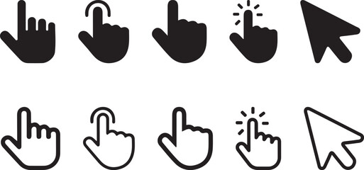 Set of black and white interactive hand and cursor icons.