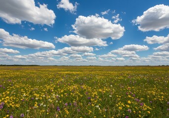 Fototapeta premium Vast open field of blooming wildflowers under a blue sky with clouds
