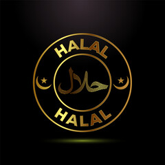 Halal icon design illustration, Halal Certificate tag, Islamic approved sign symbol in gold color style