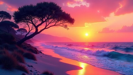 Fototapeta premium Serene Sunset Over Coastal Dunes with Silhouetted Trees and Gently Crashing Waves