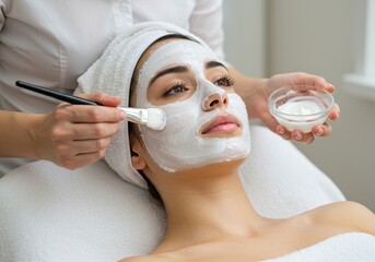 Woman receiving facial mask treatment at spa with brush application