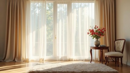 Sunlit Room with Sheer Curtains, Elegant Chair, and Flower Vase on Wooden Table