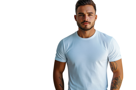 Handsome man in white t shirt intense gaze subtle tattoos simple background studio lighting