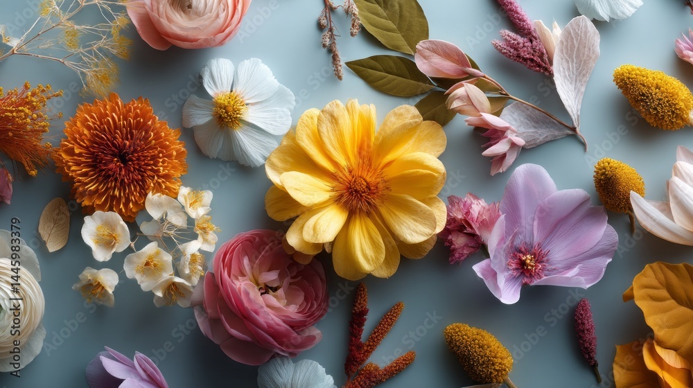 Poster A stunning array of flowers is artfully arranged on a soft blue surface, displaying an explosion of colors and textures that evoke a sense of tranquility and beauty
