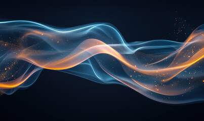 Fototapeta premium Abstract flowing waves with glowing particles in blue and orange tones.