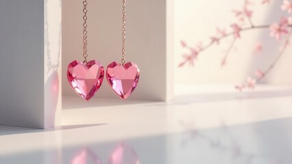 Delicate Pink Crystal Heart Earrings Displayed on a White Background with Soft Blossom Branches