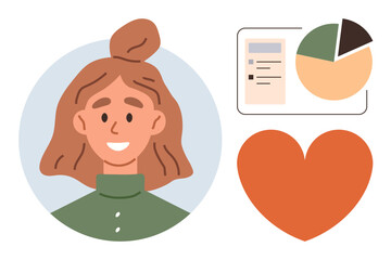 Smiling person portrait, data visualization pie chart, and heart symbol. Ideal for analytics, customer feedback, emotional intelligence, teamwork, motivation, surveys simple landing page