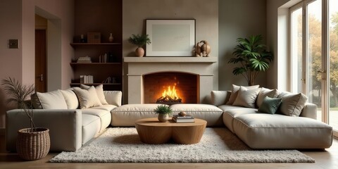 Serene Living Room with Cozy Sectional Sofa and Warm Fireplace
