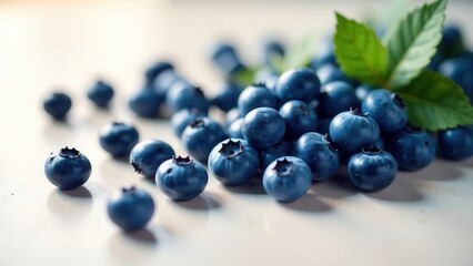 Close-up view of vibrant blueberries scattered on a neutral surface, some clustered together with fresh green leaves, showcasing their natural beauty and texture.