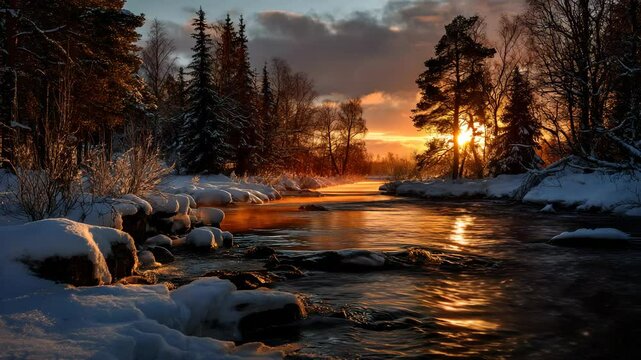 Snowy river landscape at sunset with forested banks and golden light reflecting on the water surface in winter