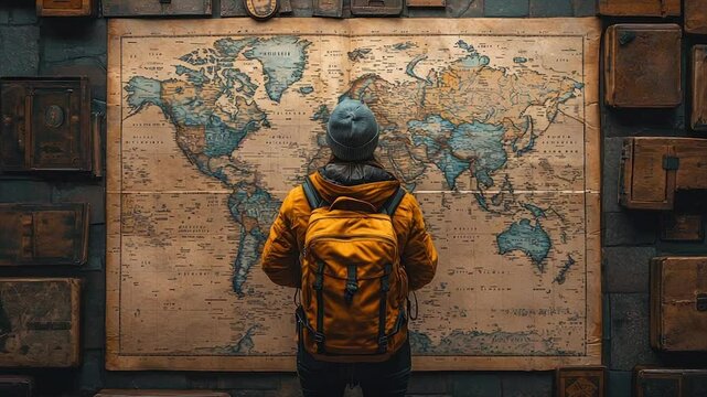 Person contemplating world map