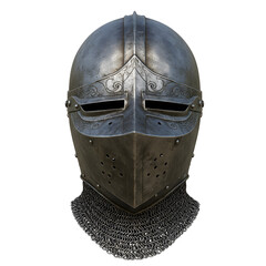 Knight's Enclosed Helmet with Chainmail Neck Protection Isolated