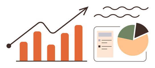 Bar graphs, line graph with upward arrow, pie chart, and checklist. Ideal for business growth, performance tracking, data analysis, statistics, reports presentations simple landing page