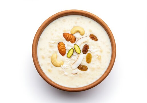 Bowl of indian sabudana kheer dessert with nuts and coconut flakes on white background