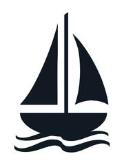 Black Sailboat Silhouette Vector with Horizontal Waves on White Background