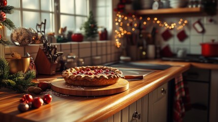 Festive Christmas Kitchen Scene with Pie