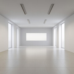 spacious, minimalist gallery with large windows and blank wall, perfect for displaying art. clean lines and neutral colors create serene environment for creativity background