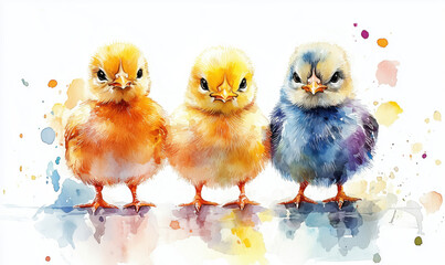 Colorful watercolor painting of three adorable baby chicks in vibrant hues.