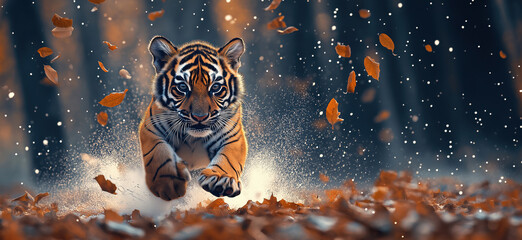 Majestic tiger running through autumn leaves in a forest setting with dynamic motion.