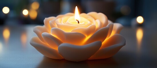 Rose-shaped candle casting warm glow