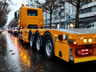 Rainy Day Tow Truck. Orange transport on wet road.