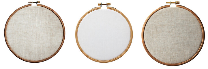 Set of Empty cross-stitch frame made of polished wood, tightly holding clean white canvas on transparent png background. Ai generated