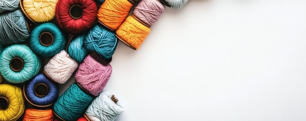 Colorful spools of yarn arranged on a white background