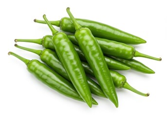 Pile of fresh green chili peppers isolated on white background, close up