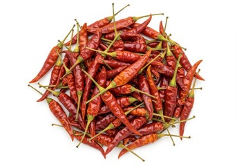 Fototapeta premium Pile of dried red chili peppers on a white background, ready for cooking
