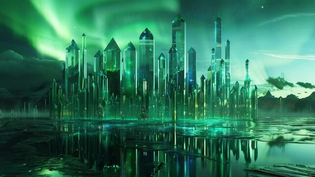 Emerald crystal city aurora background footage