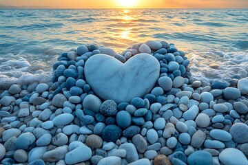 Fototapeta premium Stone heart shape on beach shore at sunset reflecting romantic seascape