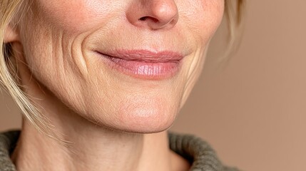 Fototapeta premium Woman's face close-up of mouth, nose, cheek wrinkles