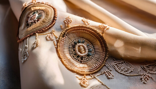 Detailed macro shot of chikankari embroidery on pastel muslin fabric, softly lit with shadows.