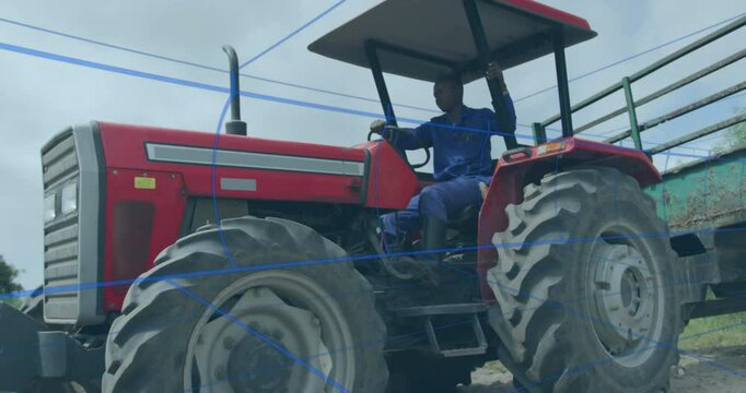 farm worker operating red tractor on agricultural field, showing animated blueprint overlay lines