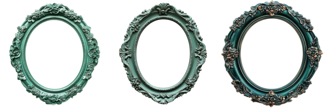 Set of Vintage turquoise jewelry with oval frame, featuring floral engravings, placed elegantly on transparent png background. Ai generated - Powered by Adobe