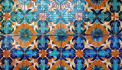 Intricate mosaic tile pattern featuring blue, turquoise, orange, and green geometric and starburst designs in a symmetrical arrangement.