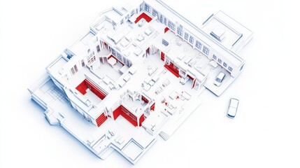 Aerial view of a modern architectural layout featuring distinct red and white sections for visual contrast.